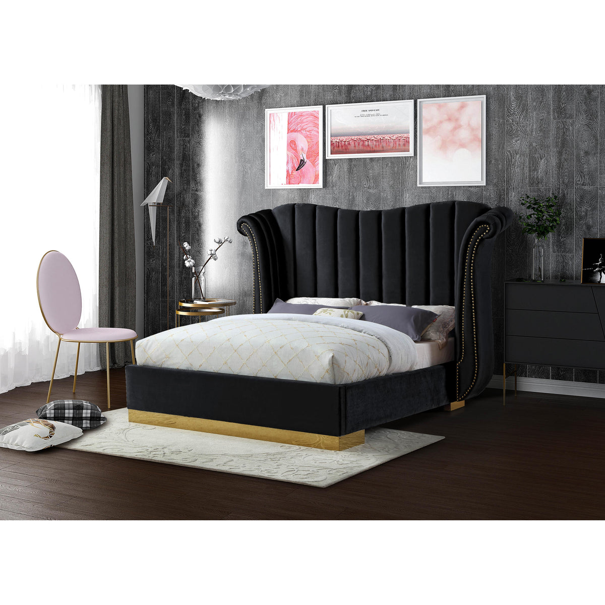 Meridian Flora Black Velvet Queen Bed (3 Boxes)