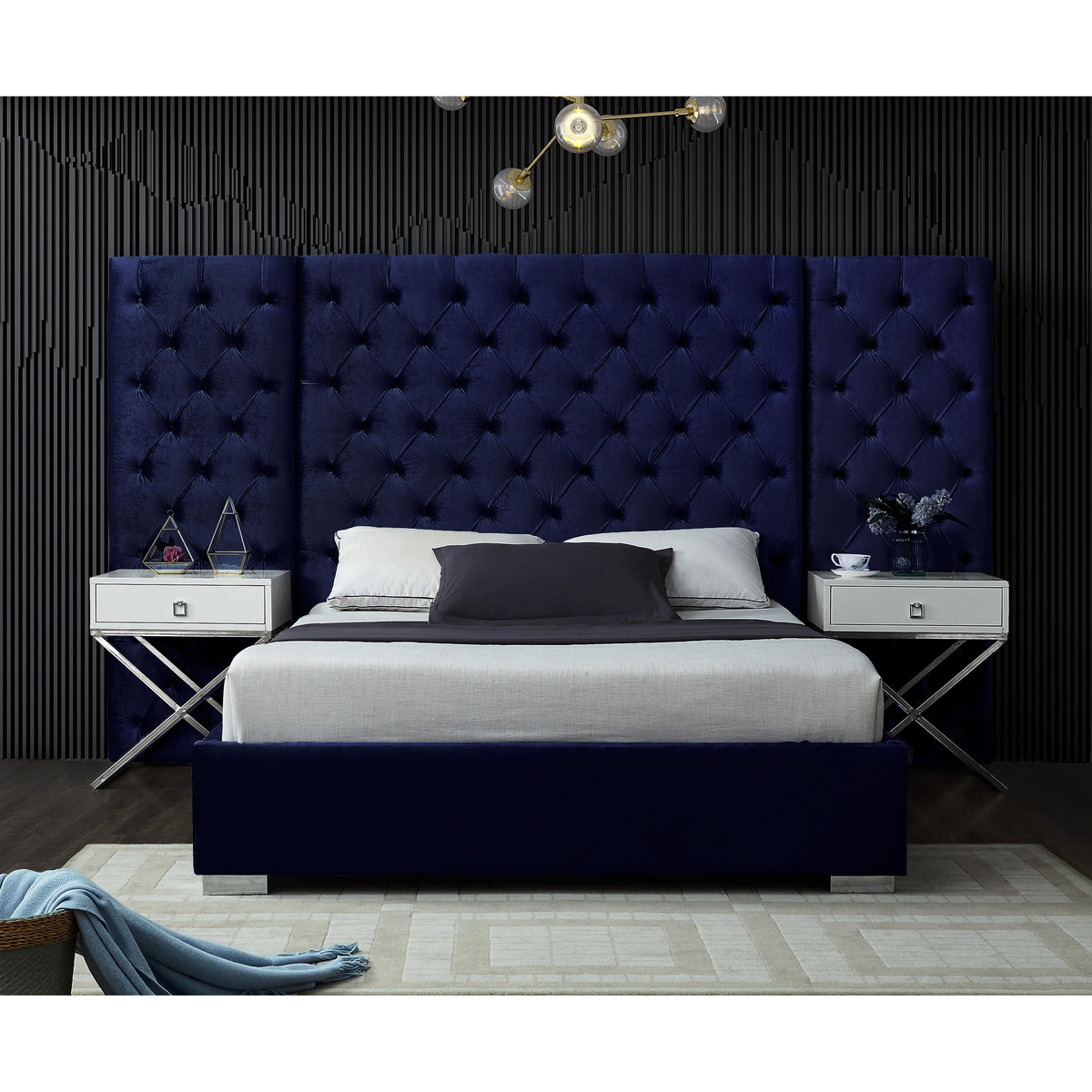 Meridian Grande Navy Velvet King Bed (3 Boxes)