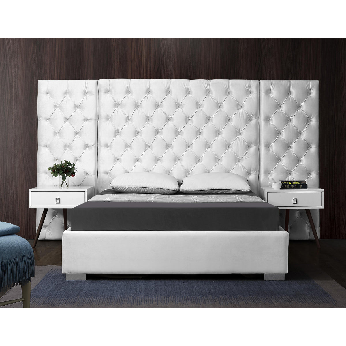 Meridian Grande White Velvet King Bed (3 Boxes)