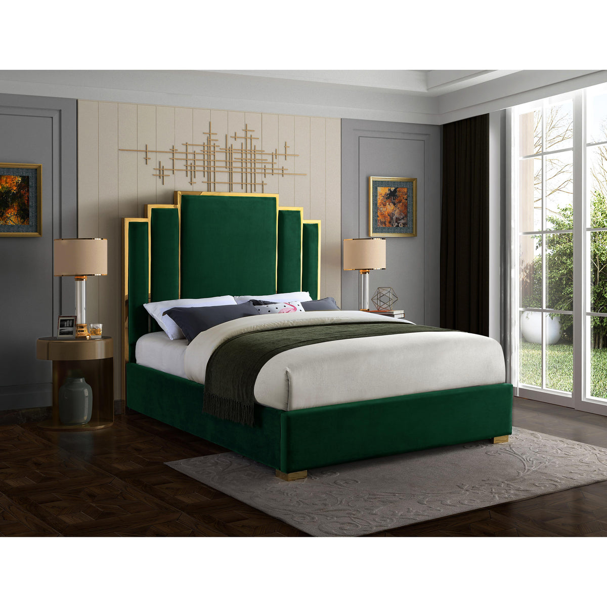 Meridian Hugo Green Velvet Queen Bed