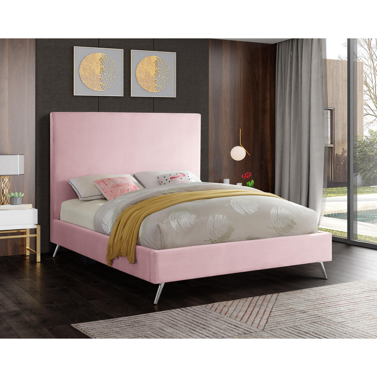 Meridian Jasmine Pink Velvet Queen Bed