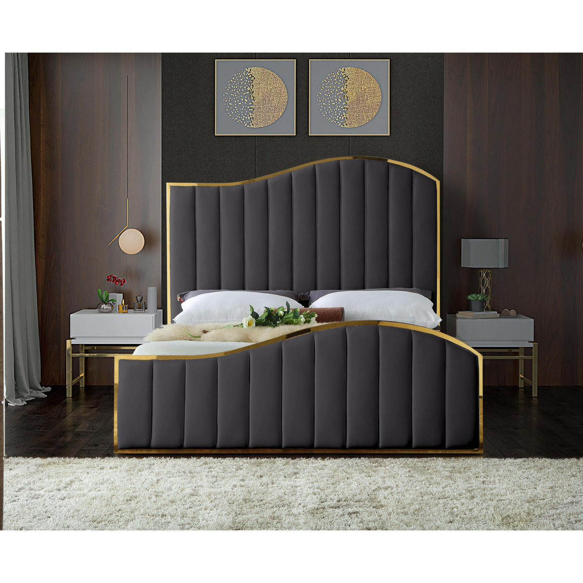 Meridian Jolie Grey Velvet Queen Bed (3 Boxes)