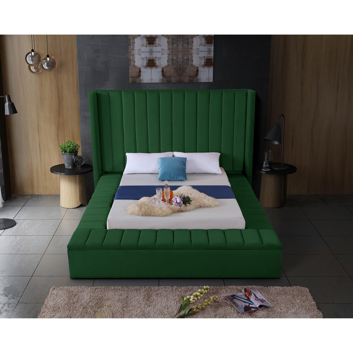Meridian Kiki Green Velvet King Bed (3 Boxes)