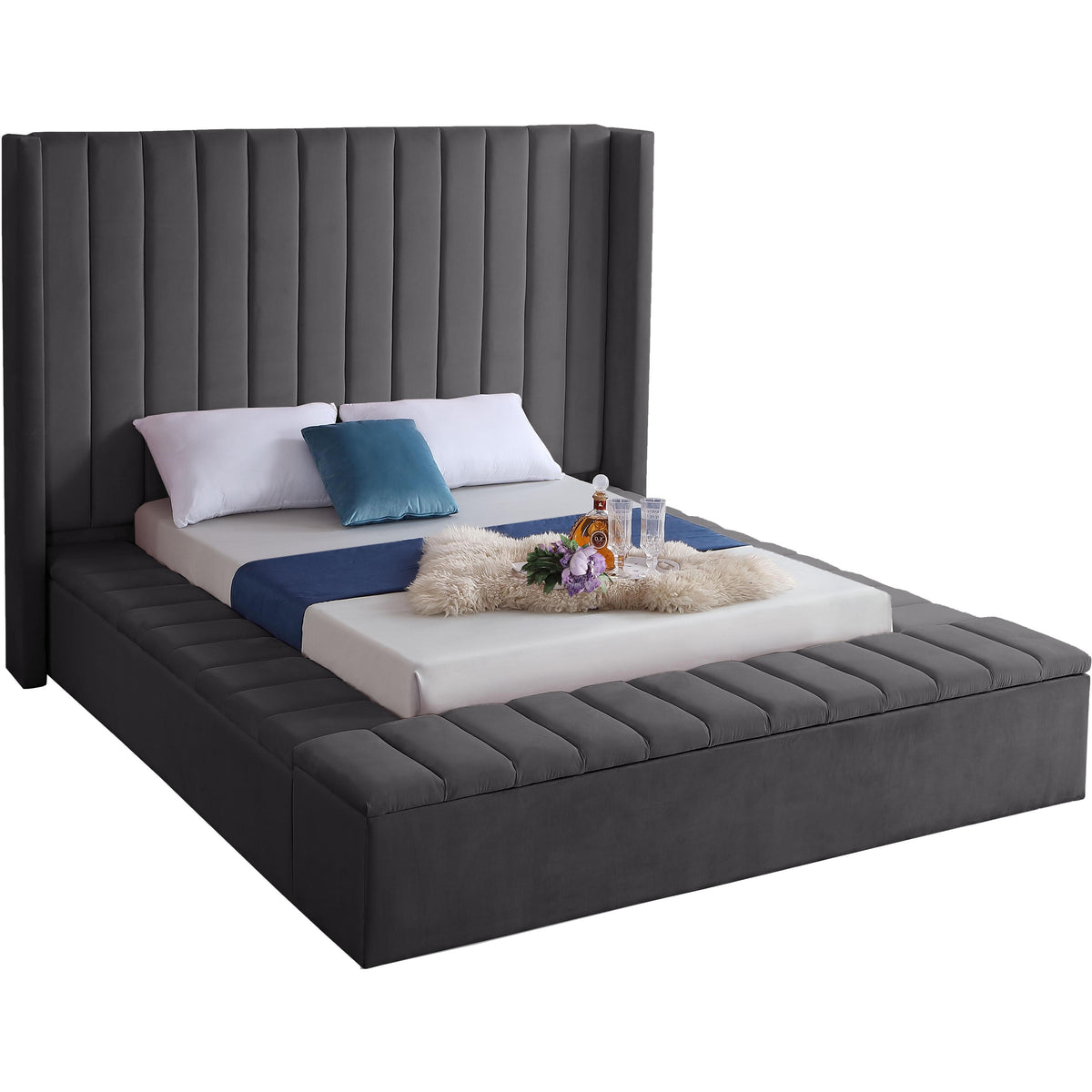 Meridian Kiki Grey Velvet King Bed (3 Boxes)
