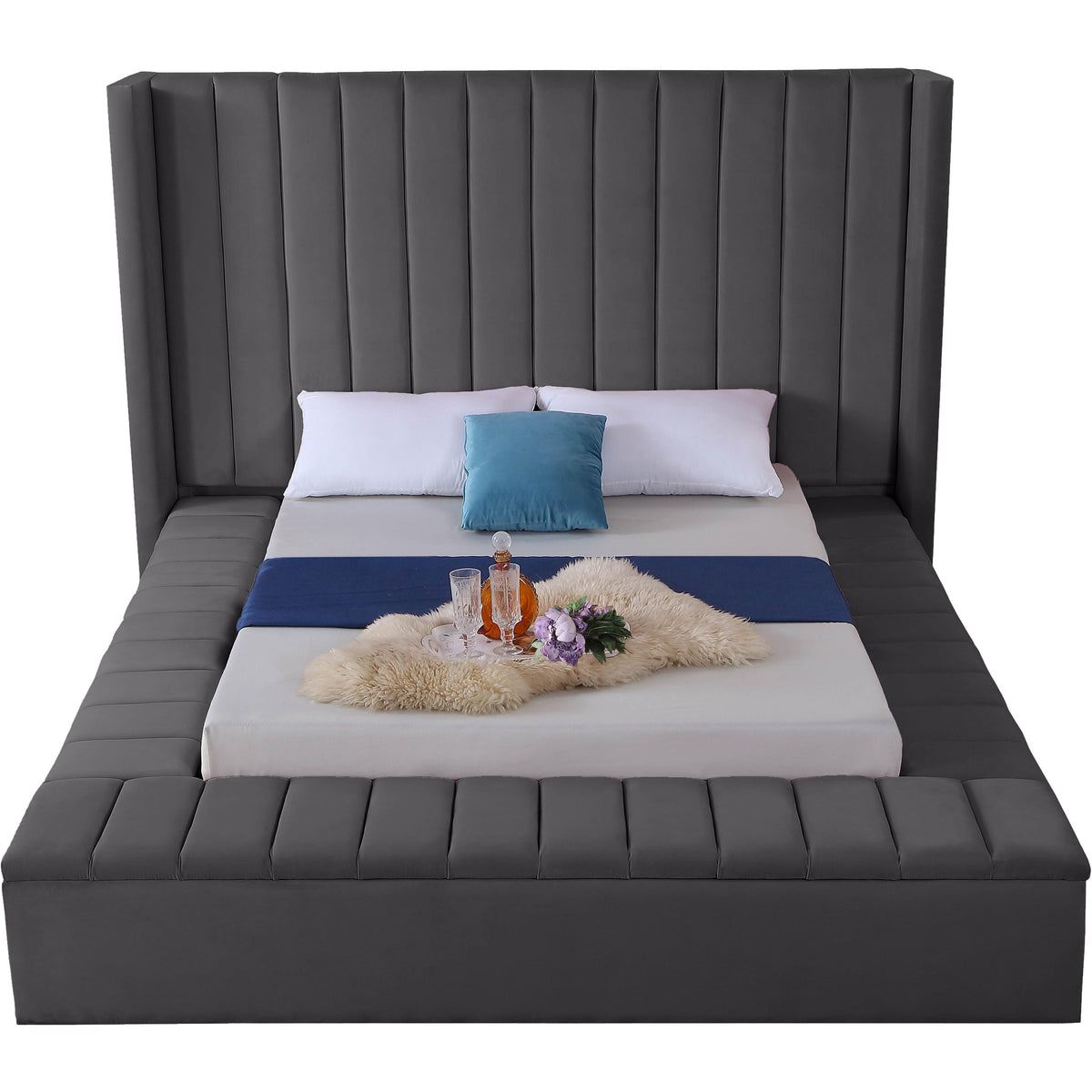 Meridian Kiki Grey Velvet King Bed (3 Boxes)