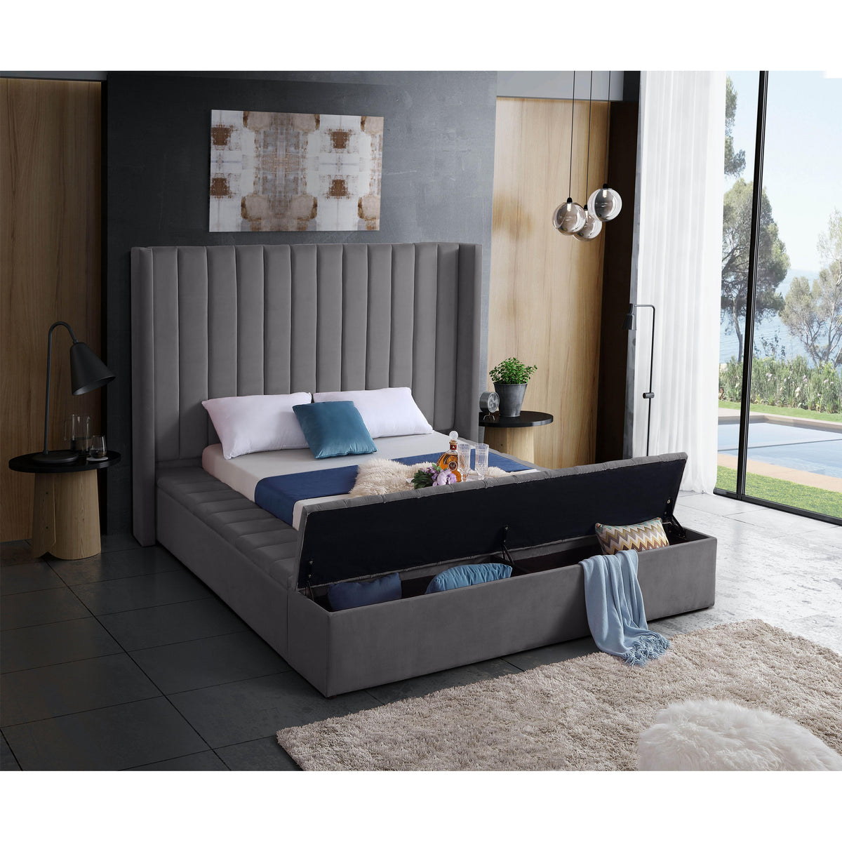 Meridian Kiki Grey Velvet King Bed (3 Boxes)
