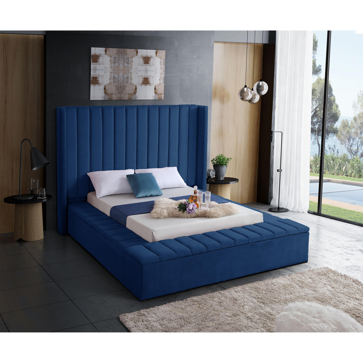 Meridian Kiki Navy Velvet King Bed (3 Boxes)