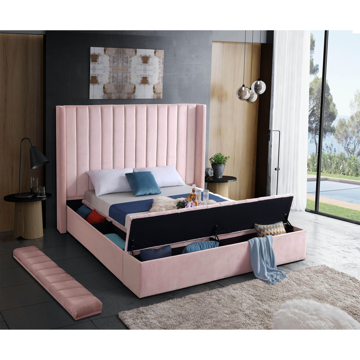 Meridian Kiki Pink Velvet King Bed (3 Boxes)