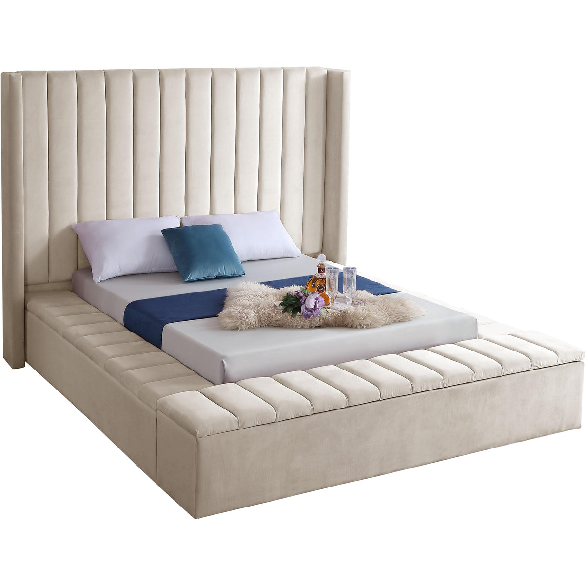 Meridian Kiki Cream Velvet Queen Bed (3 Boxes)