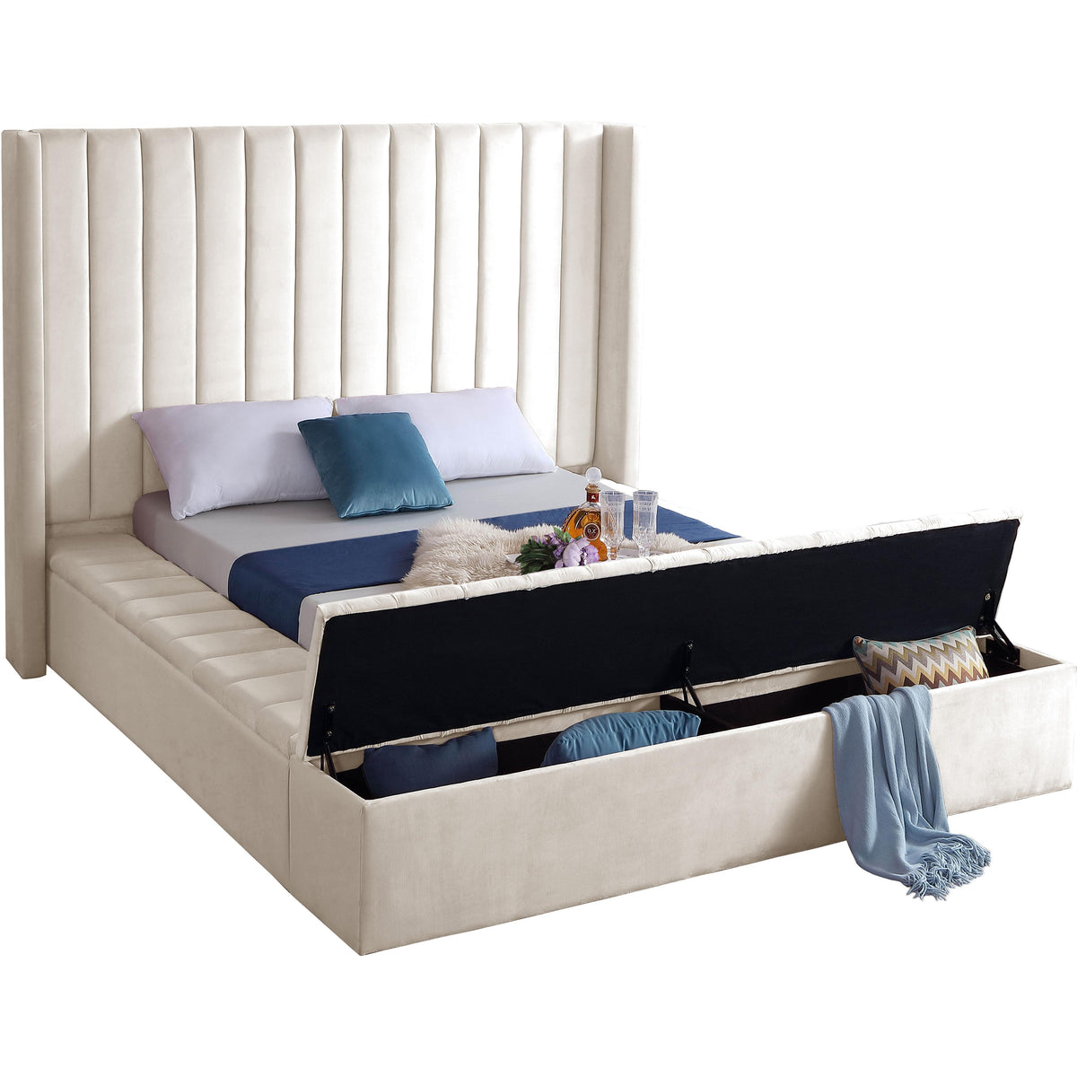 Meridian Kiki Cream Velvet Queen Bed (3 Boxes)
