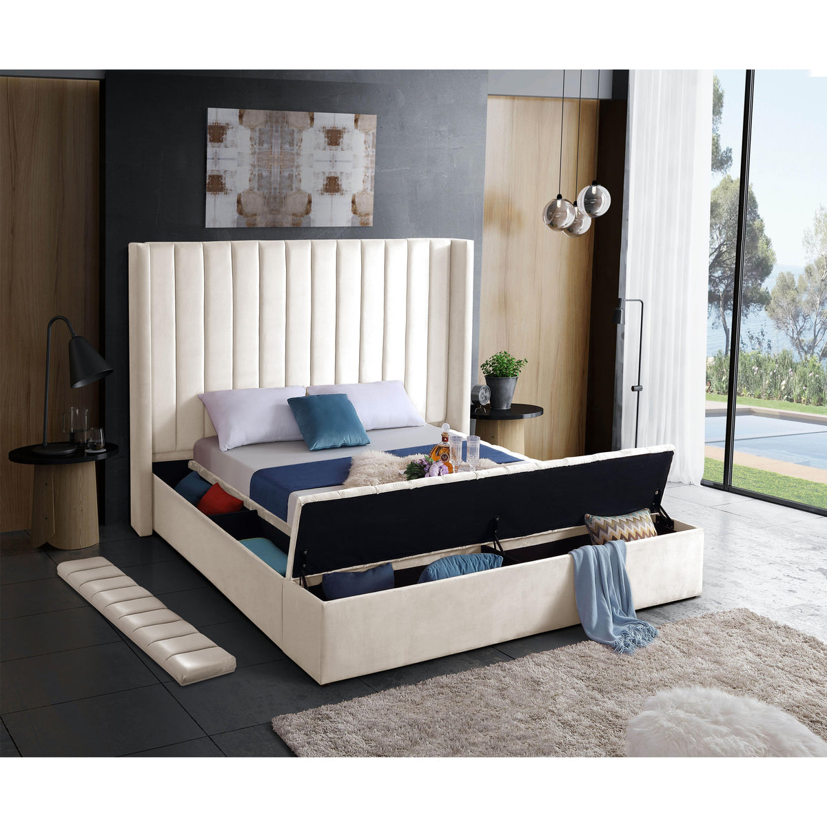 Meridian Kiki Cream Velvet Queen Bed (3 Boxes)