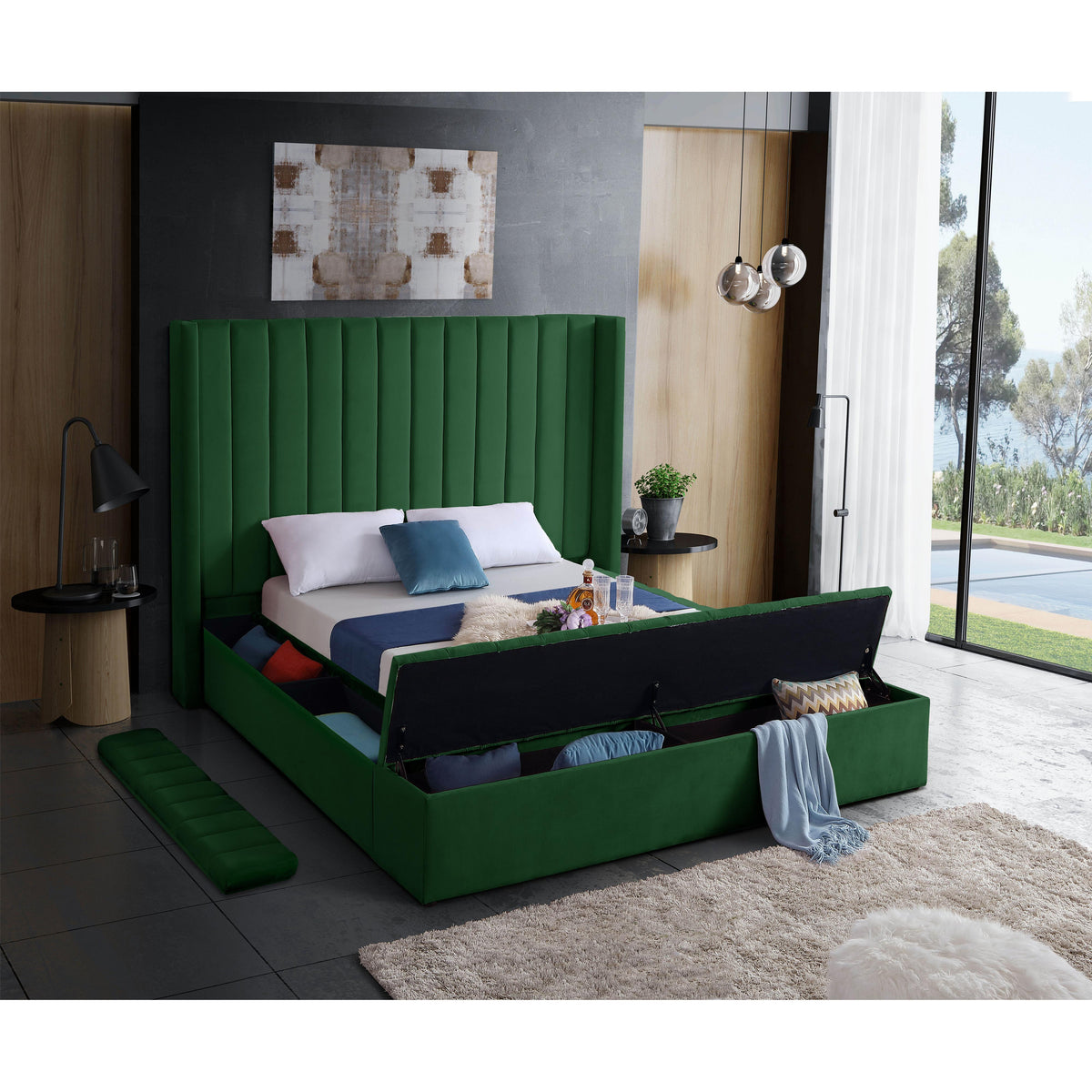 Meridian Kiki Green Velvet Queen Bed (3 Boxes)