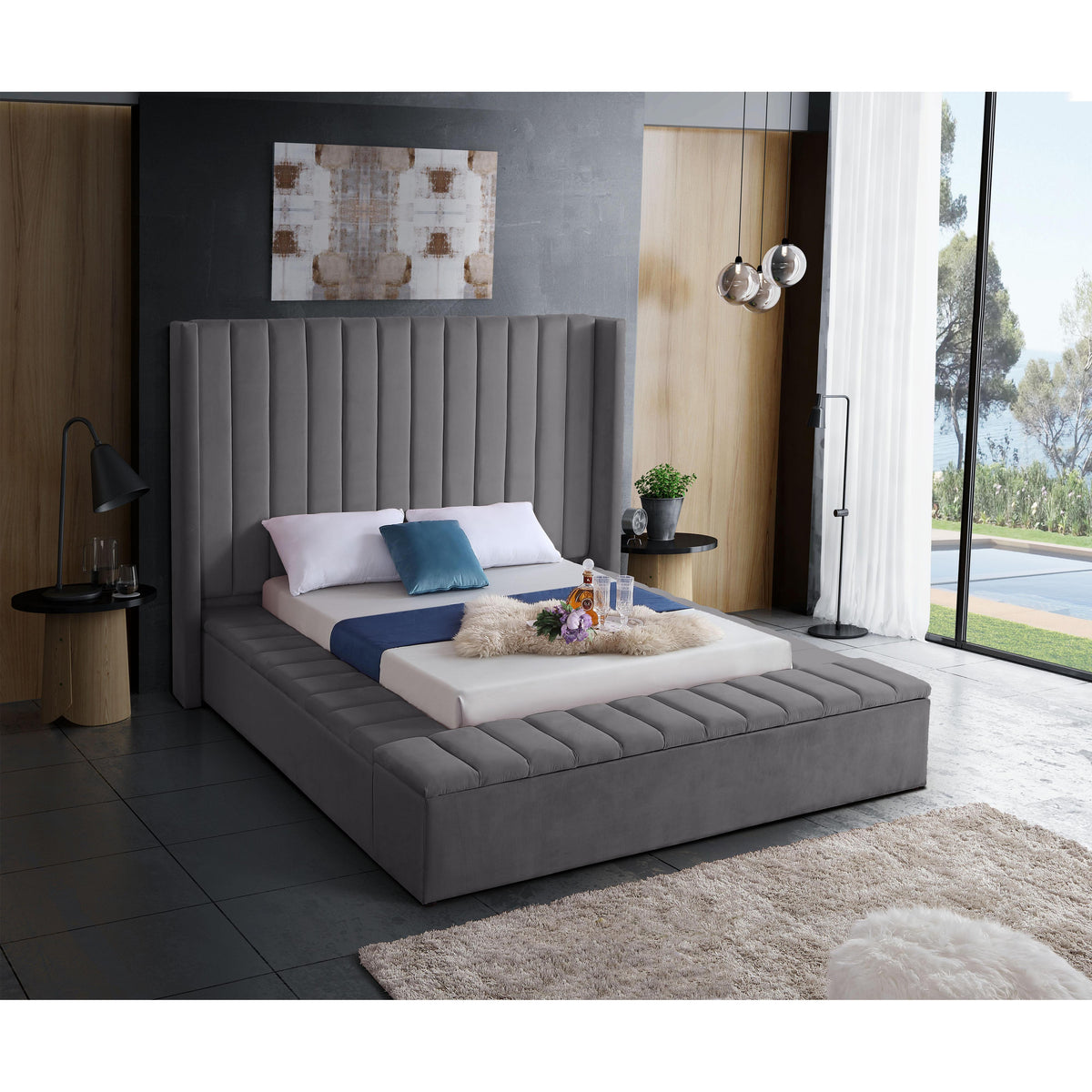 Meridian Kiki Grey Velvet Queen Bed (3 Boxes)