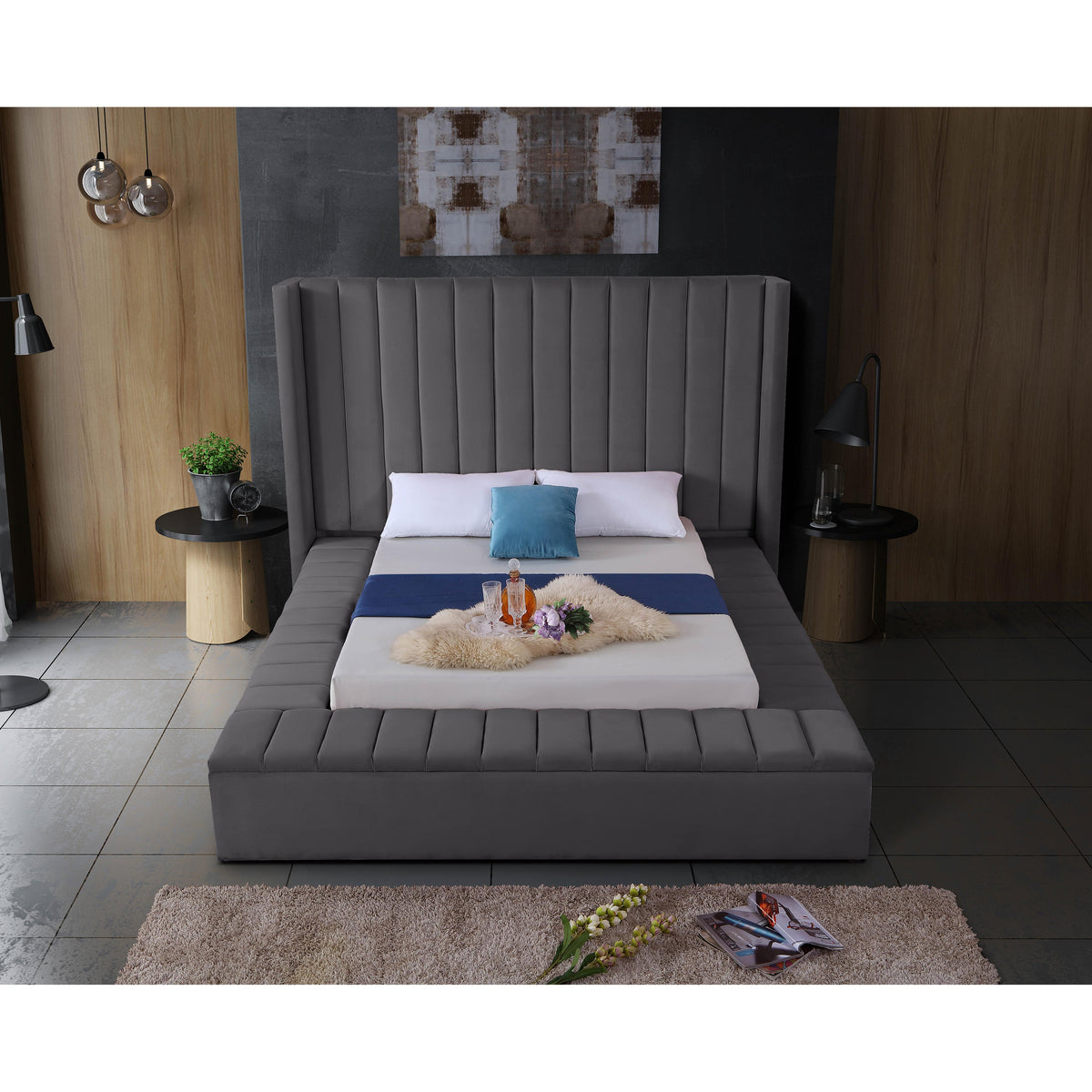 Meridian Kiki Grey Velvet Queen Bed (3 Boxes)