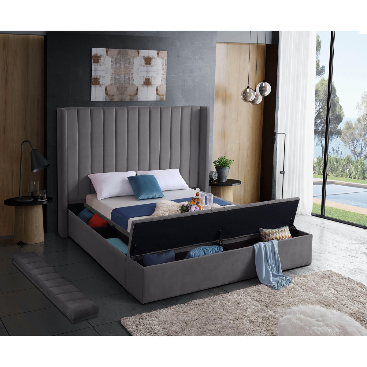 Meridian Kiki Grey Velvet Queen Bed (3 Boxes)