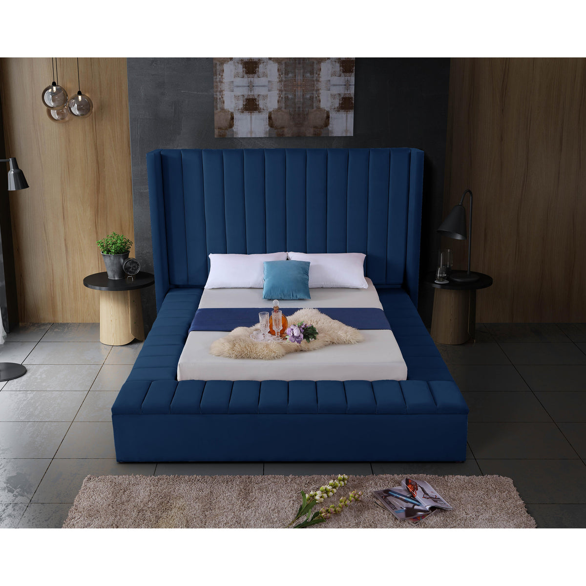Meridian Kiki Navy Velvet Queen Bed (3 Boxes)