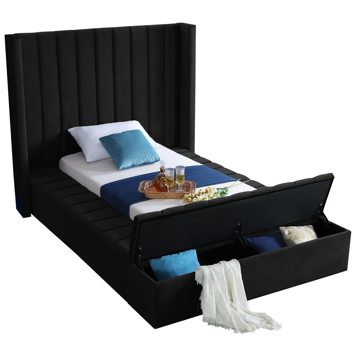 Meridian Kiki Black Velvet Twin Bed (3 Boxes)