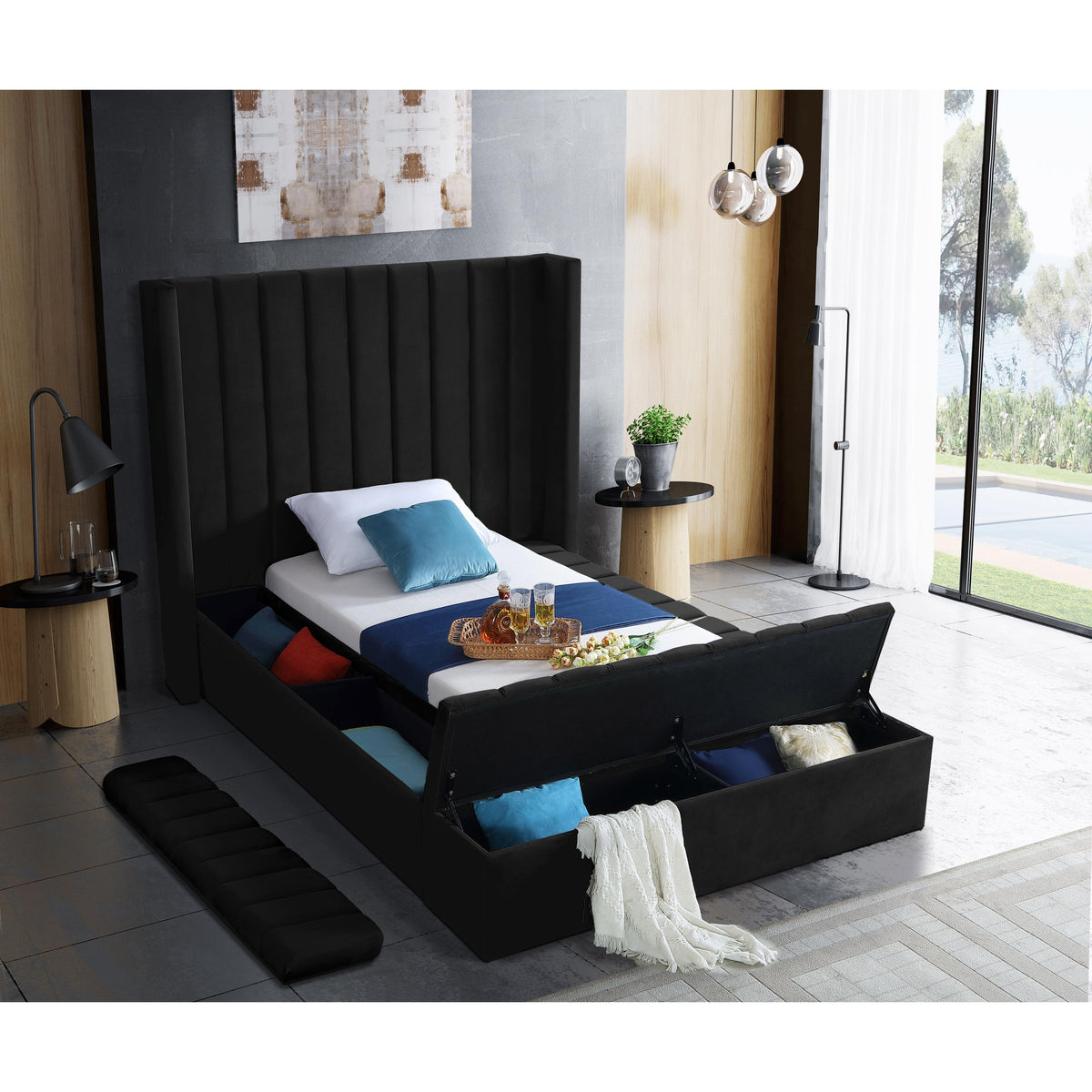 Meridian Kiki Black Velvet Twin Bed (3 Boxes)