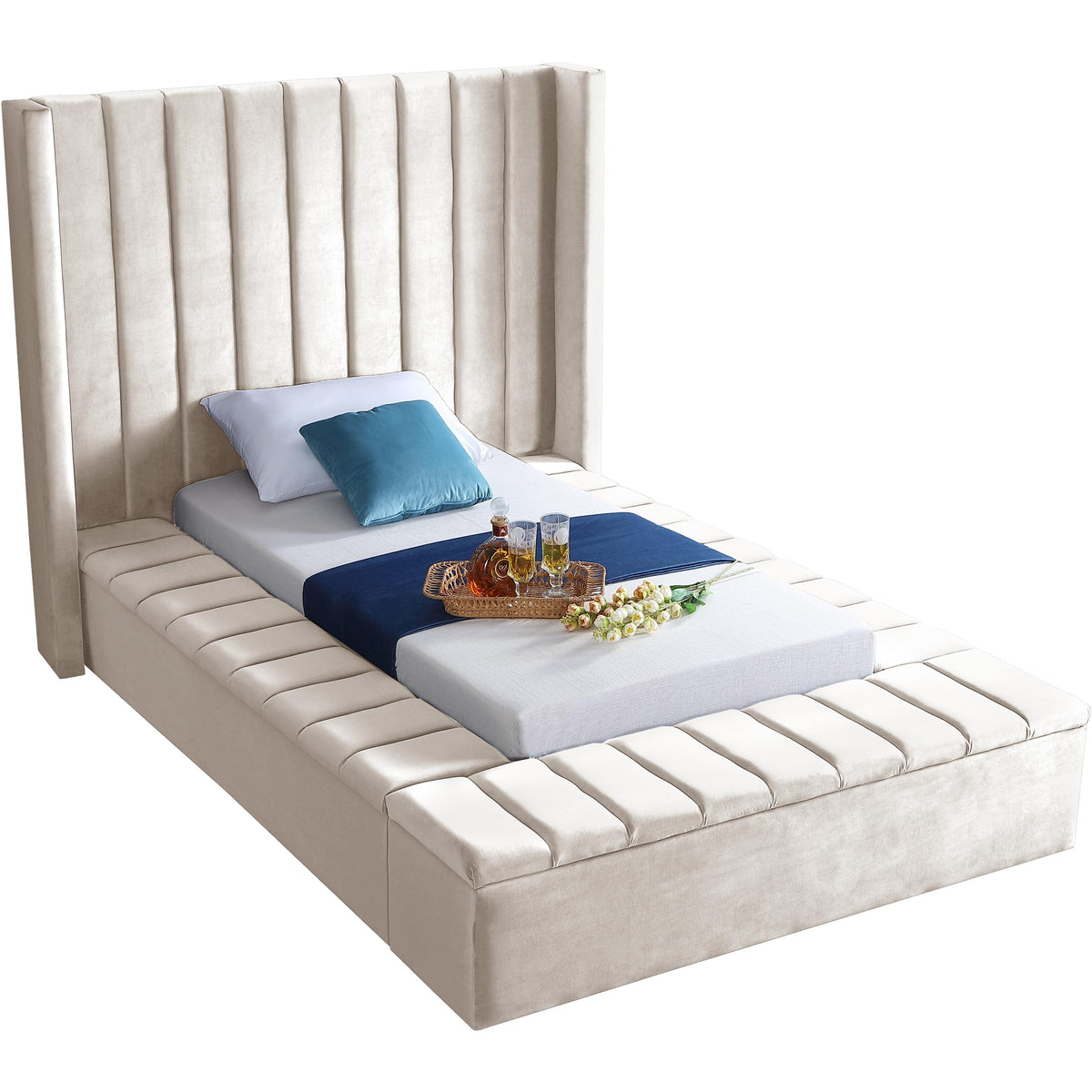 Meridian Kiki Cream Velvet Twin Bed (3 Boxes)