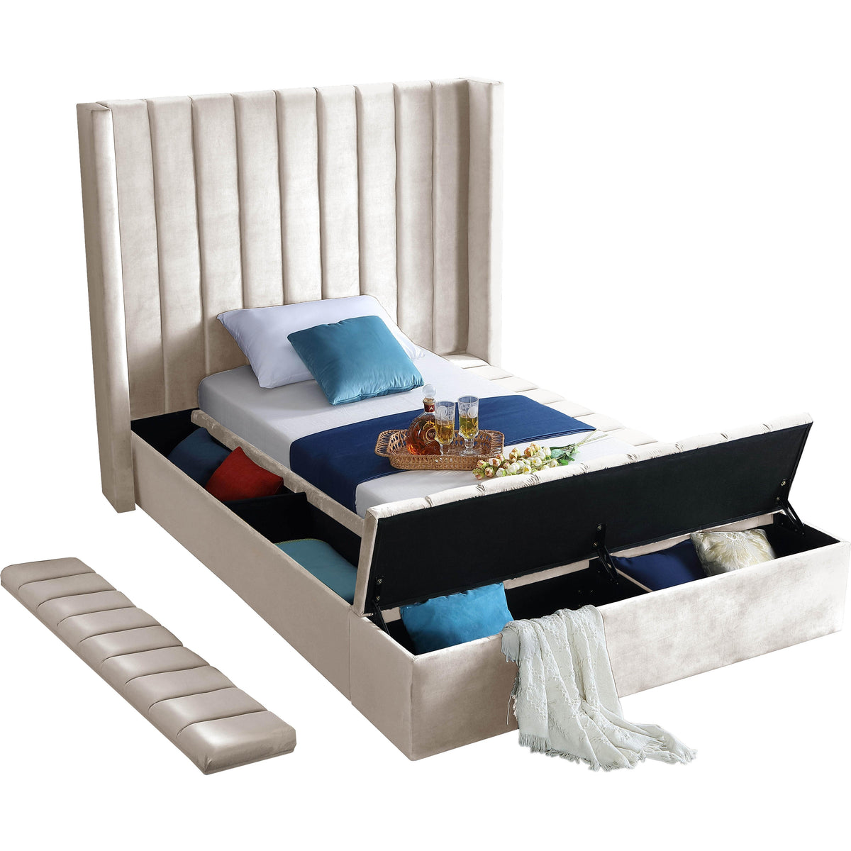 Meridian Kiki Cream Velvet Twin Bed (3 Boxes)