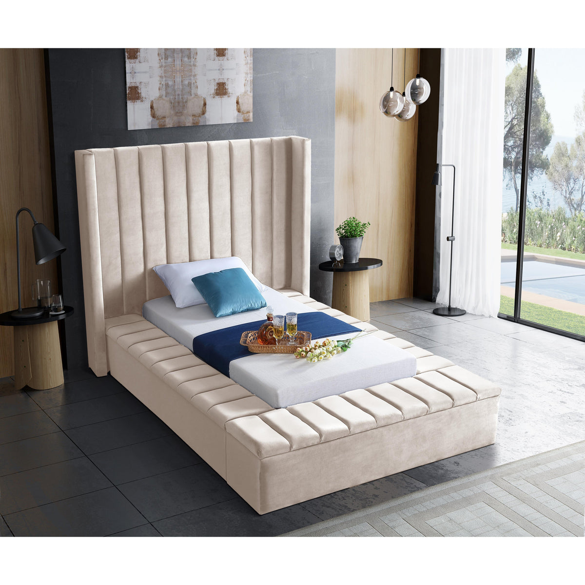 Meridian Kiki Cream Velvet Twin Bed (3 Boxes)