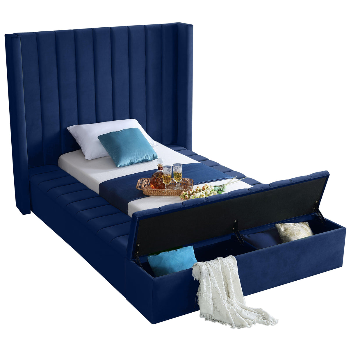 Meridian Kiki Navy Velvet Twin Bed (3 Boxes)