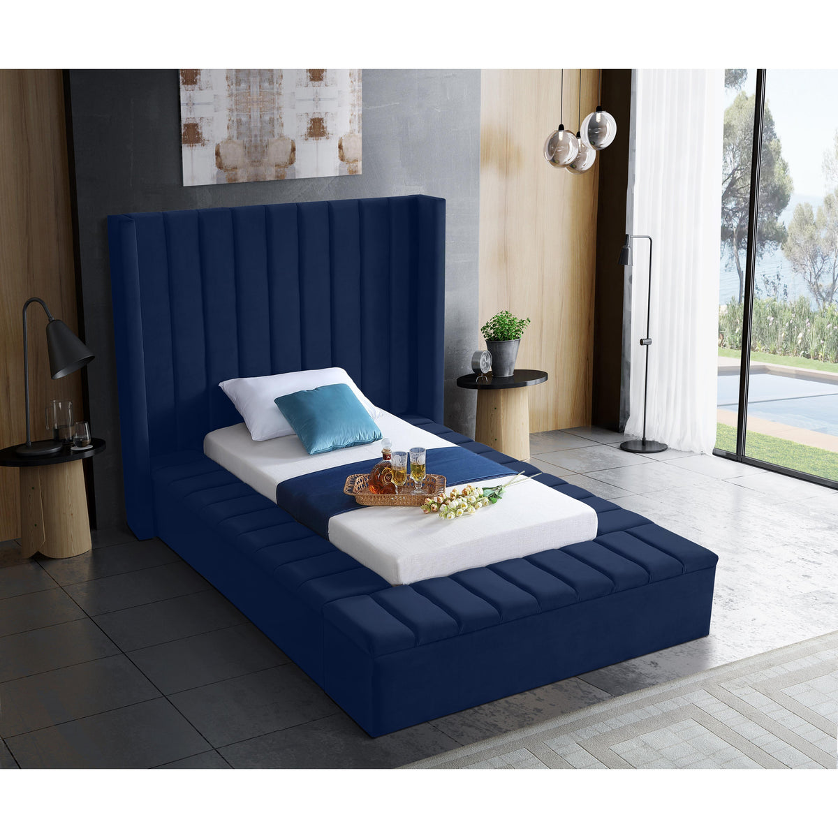 Meridian Kiki Navy Velvet Twin Bed (3 Boxes)