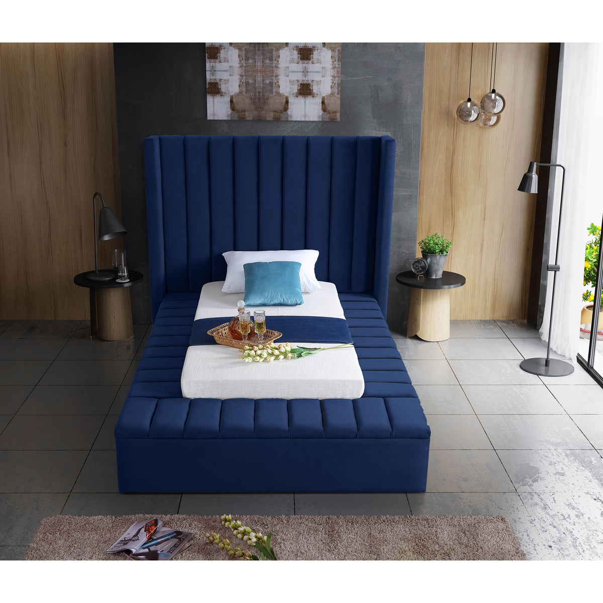 Meridian Kiki Navy Velvet Twin Bed (3 Boxes)