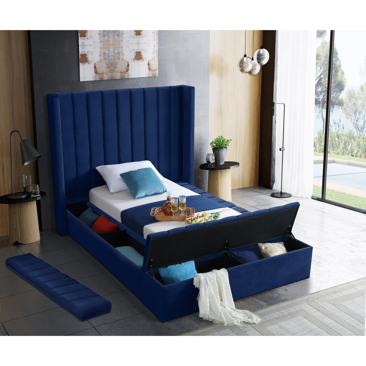 Meridian Kiki Navy Velvet Twin Bed (3 Boxes)