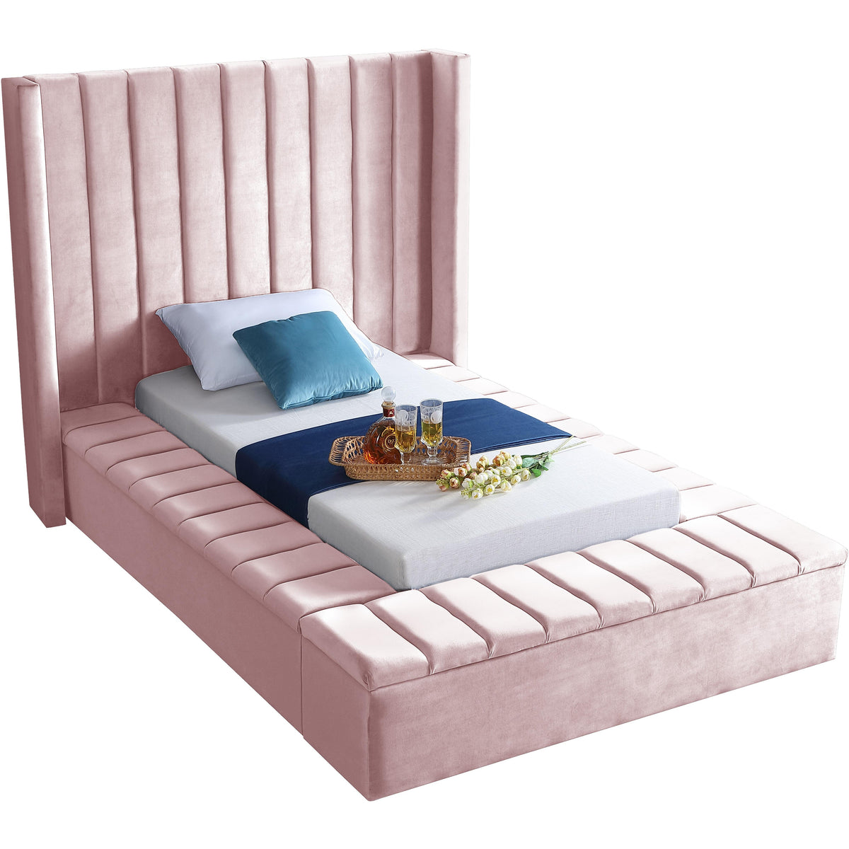 Meridian Kiki Pink Velvet Twin Bed (3 Boxes)