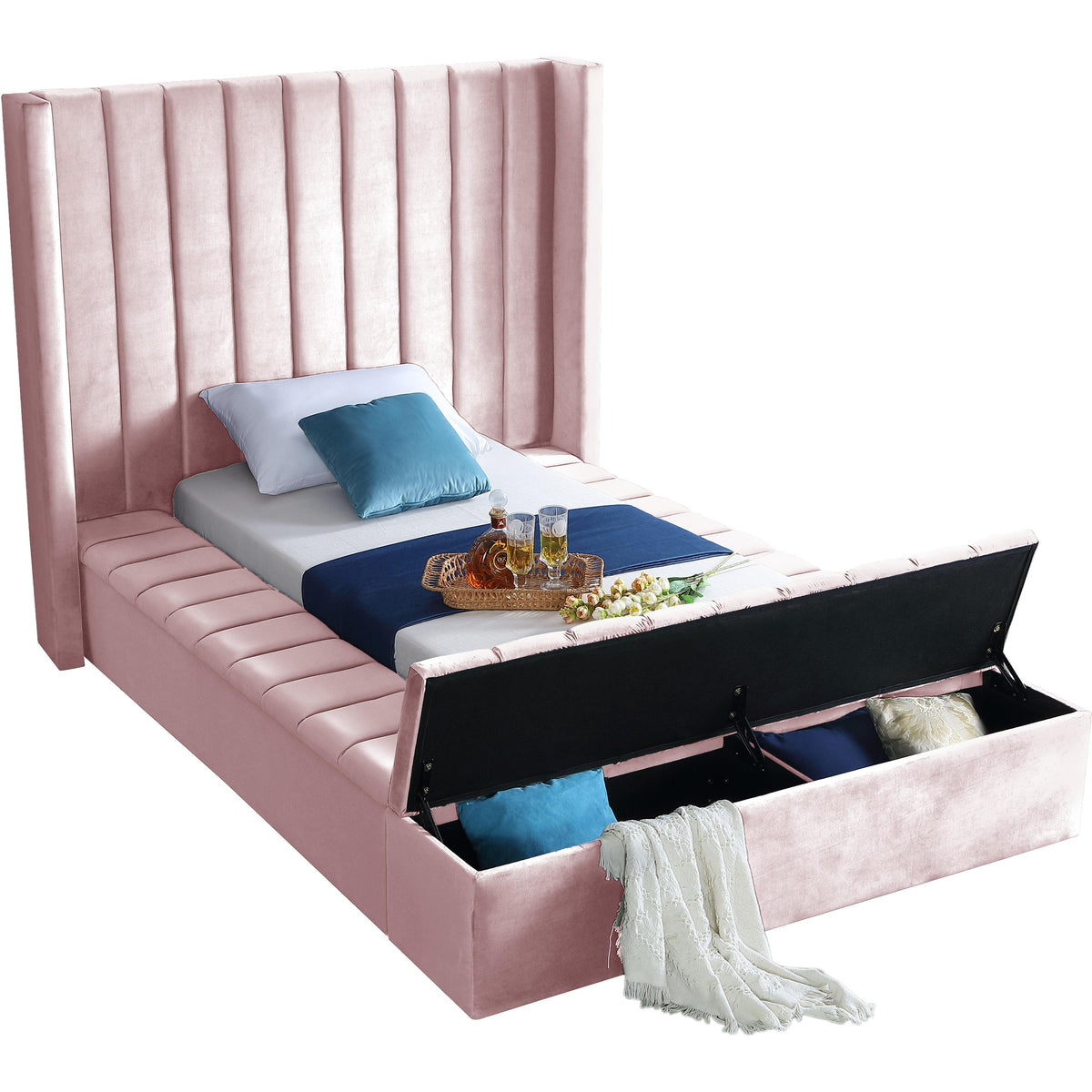 Meridian Kiki Pink Velvet Twin Bed (3 Boxes)