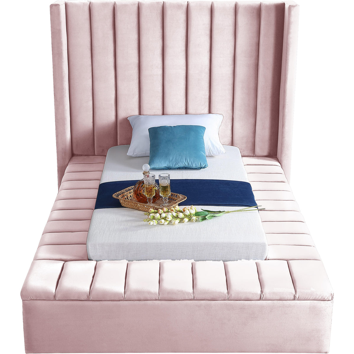 Meridian Kiki Pink Velvet Twin Bed (3 Boxes)