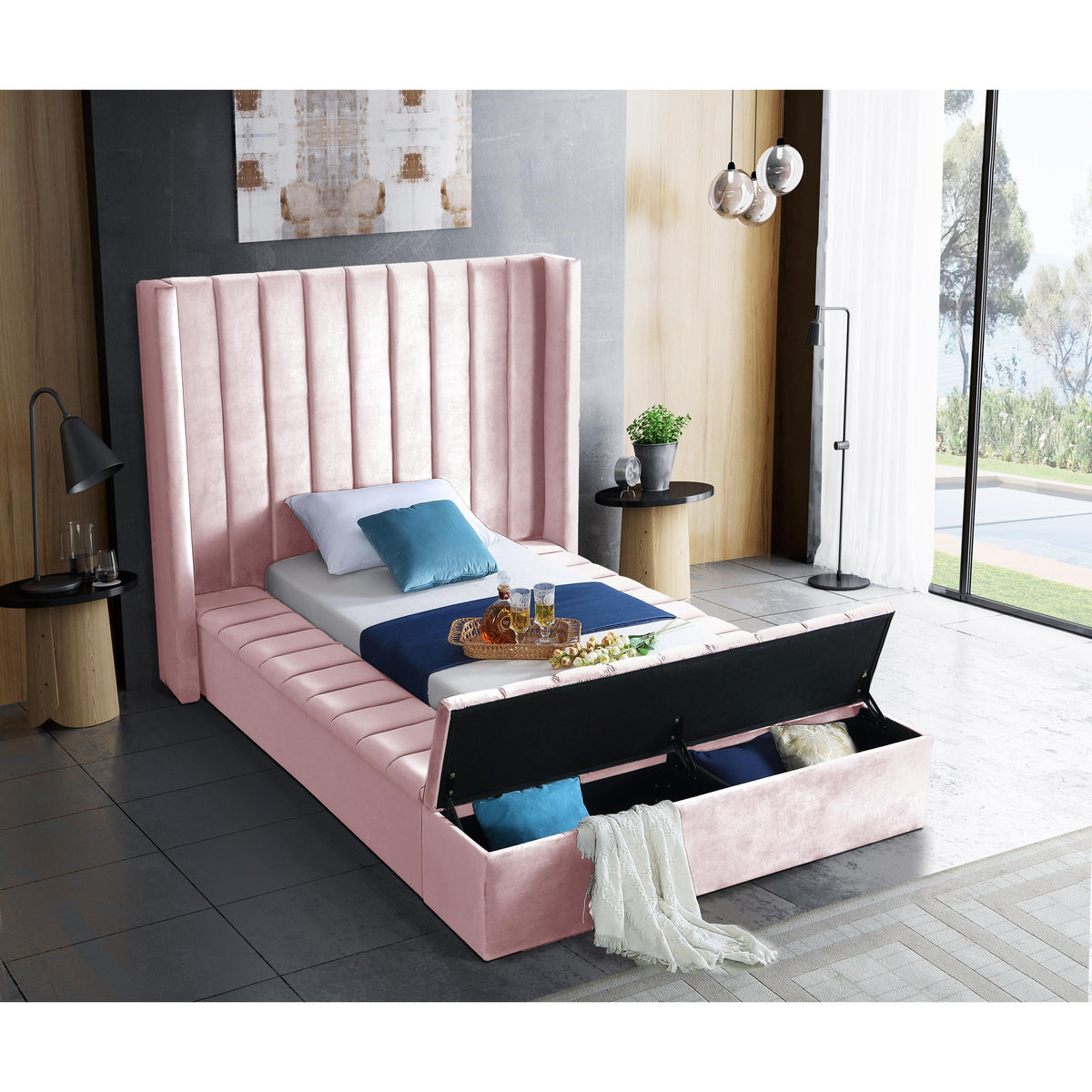 Meridian Kiki Pink Velvet Twin Bed (3 Boxes)