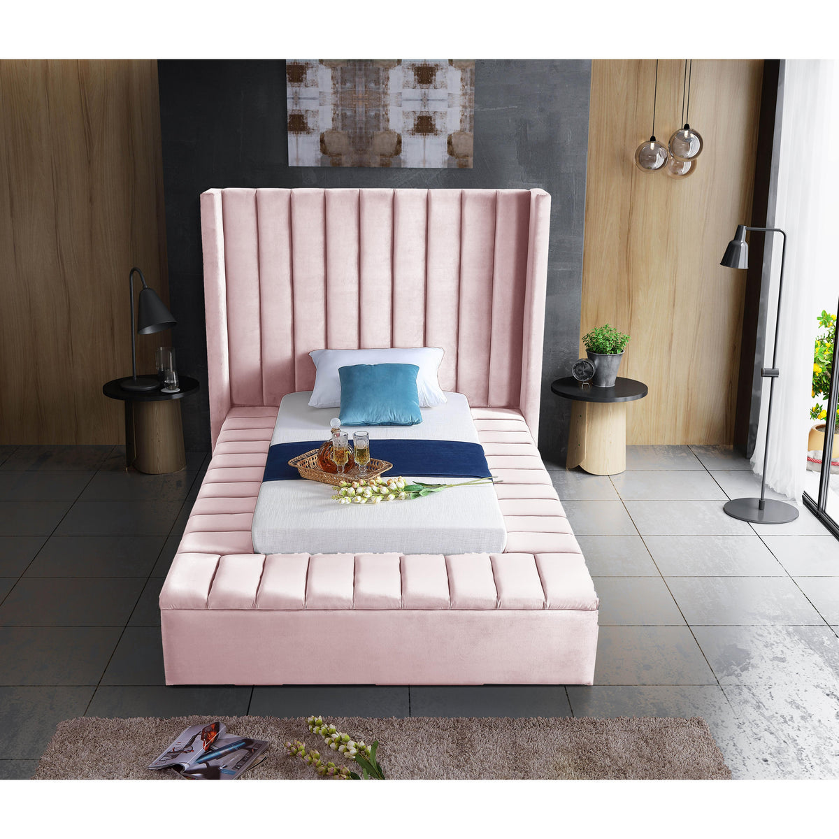 Meridian Kiki Pink Velvet Twin Bed (3 Boxes)