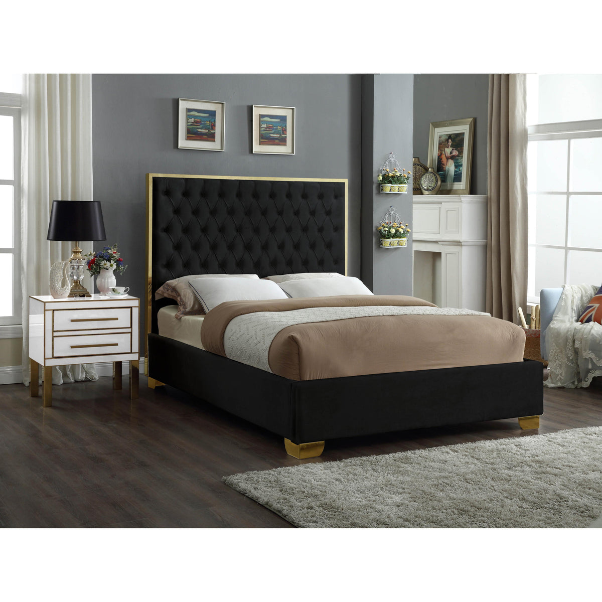 Meridian Lana Black Velvet Full Bed