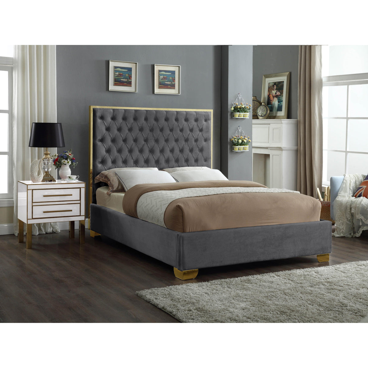 Meridian Lana Grey Velvet Queen Bed