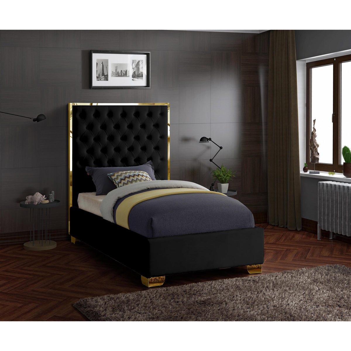 Meridian Lana Black Velvet Twin Bed