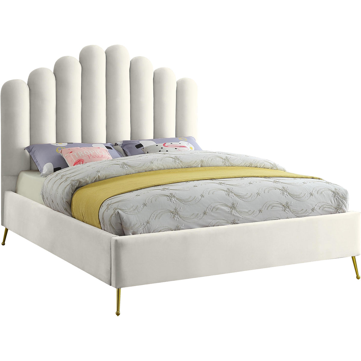 Meridian Lily Cream Velvet Queen Bed