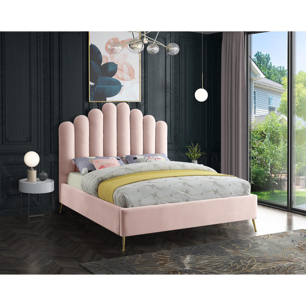 Meridian Lily Pink Velvet Queen Bed