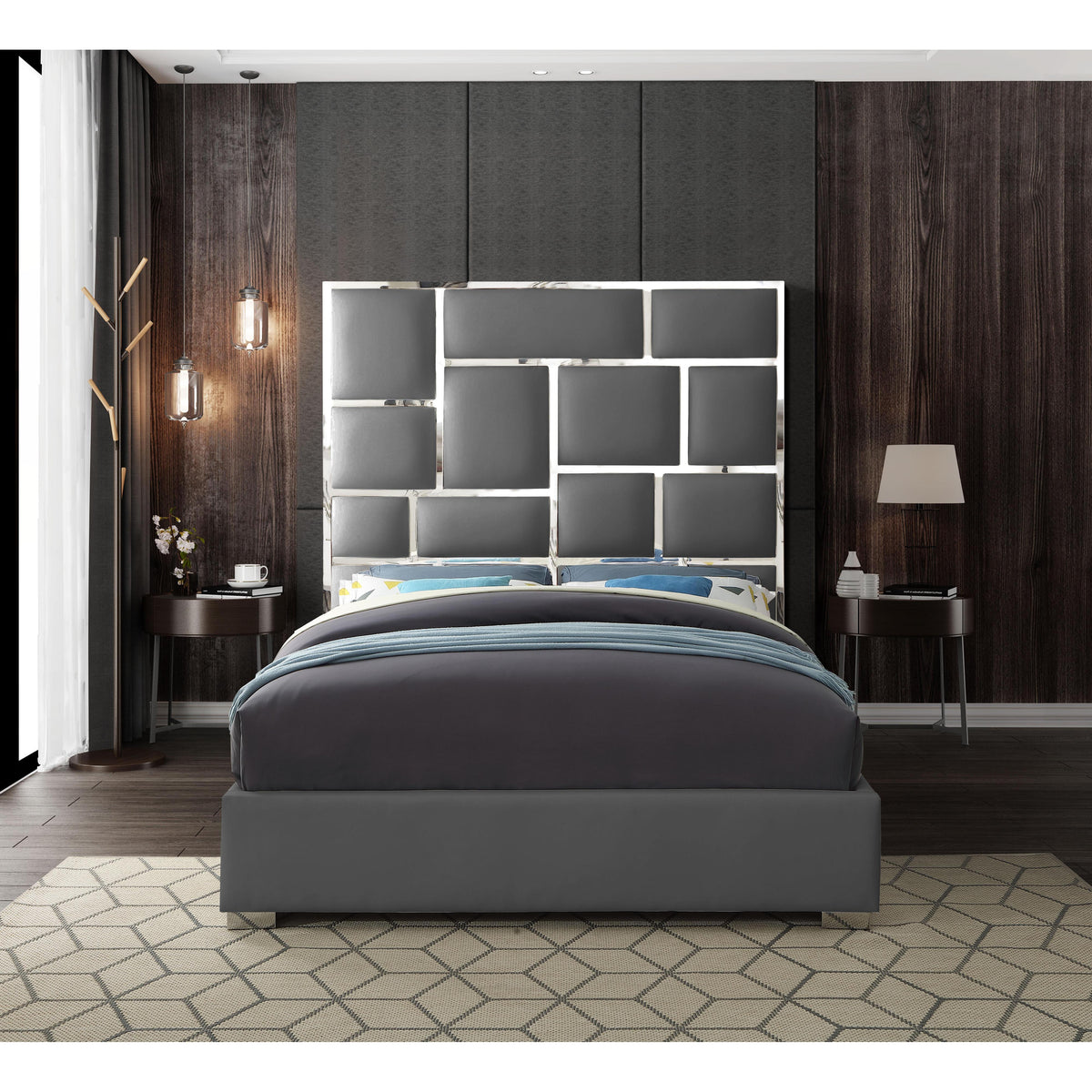 Meridian Milan Grey Vegan Leather Queen Bed
