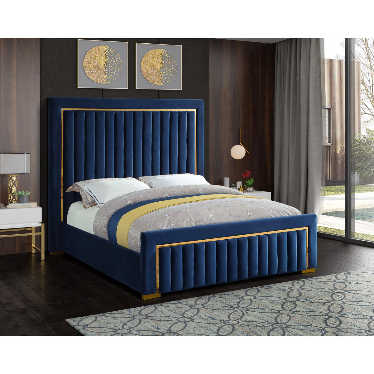 Meridian Dolce Navy Velvet Queen Bed (3 Boxes)