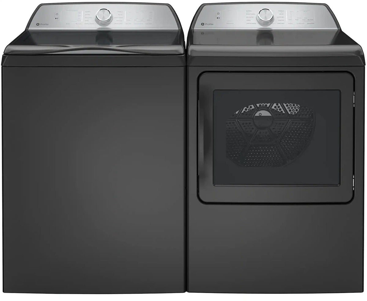 Package - GE Profile - 5.0 Cu. Ft. High Efficiency Smart Top Load Washer with Smarter Wash Technology, Easier Reach & Microban Technology and 7.4 Cu. Ft. Smart Electric Dryer with Sanitize Cycle and Sensor Dry - Diamond Gray