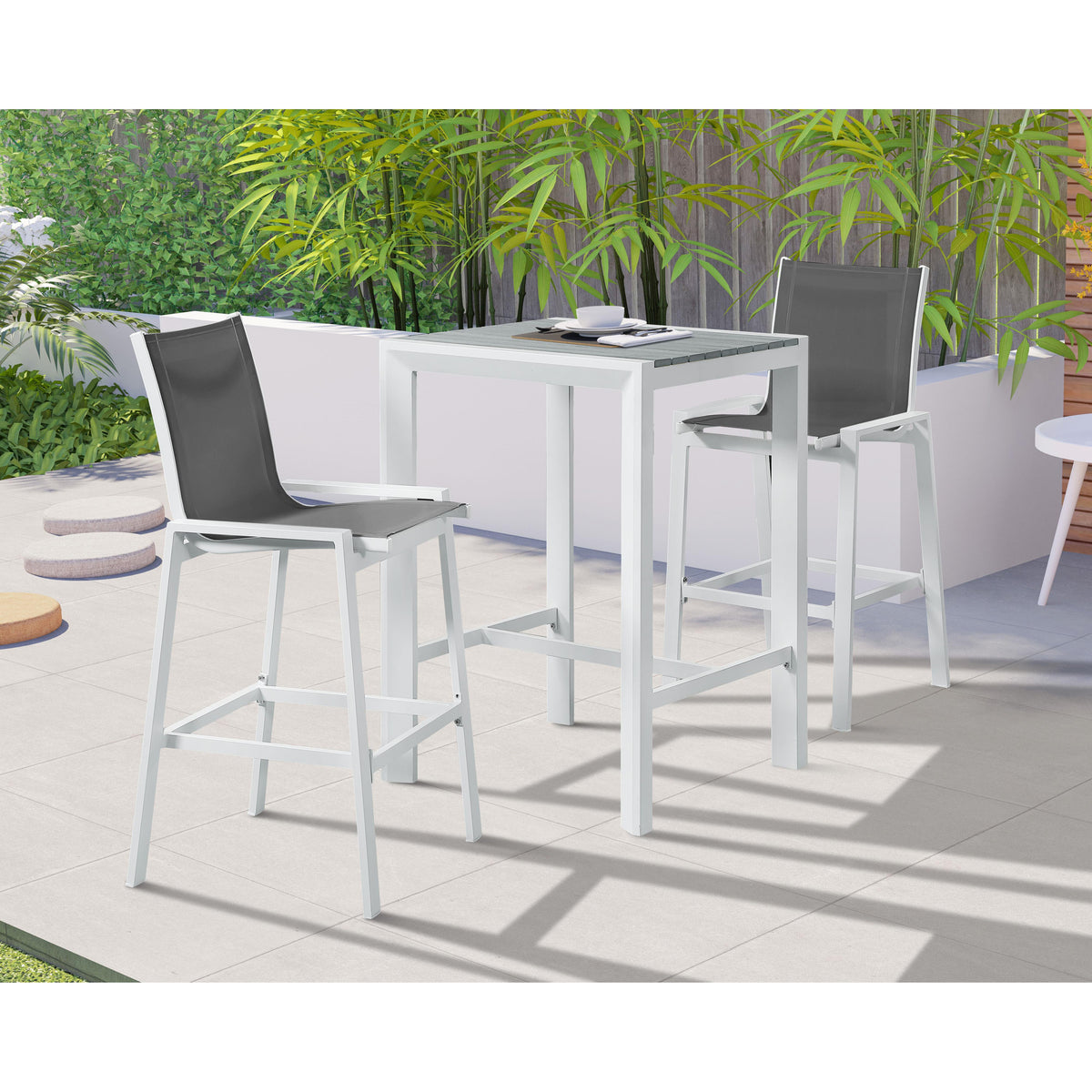 Meridian Nizuc Grey Mesh Water Resistant Fabric Outdoor Patio Aluminum Mesh Barstool