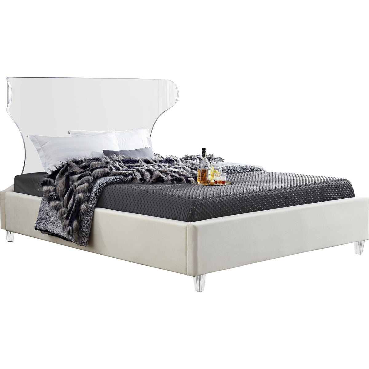 Meridian Ghost Cream Velvet Full Bed