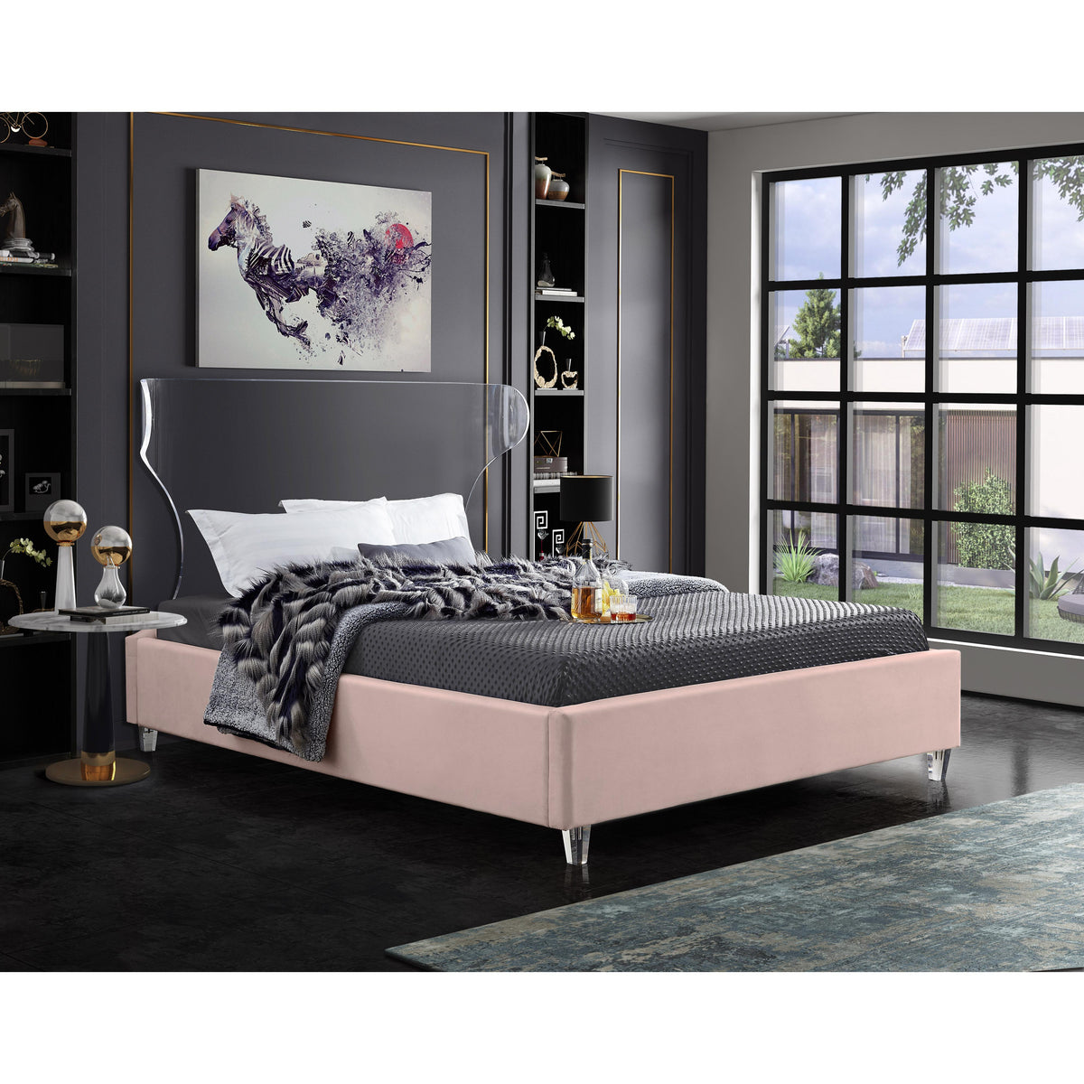 Meridian Ghost Pink Velvet Full Bed