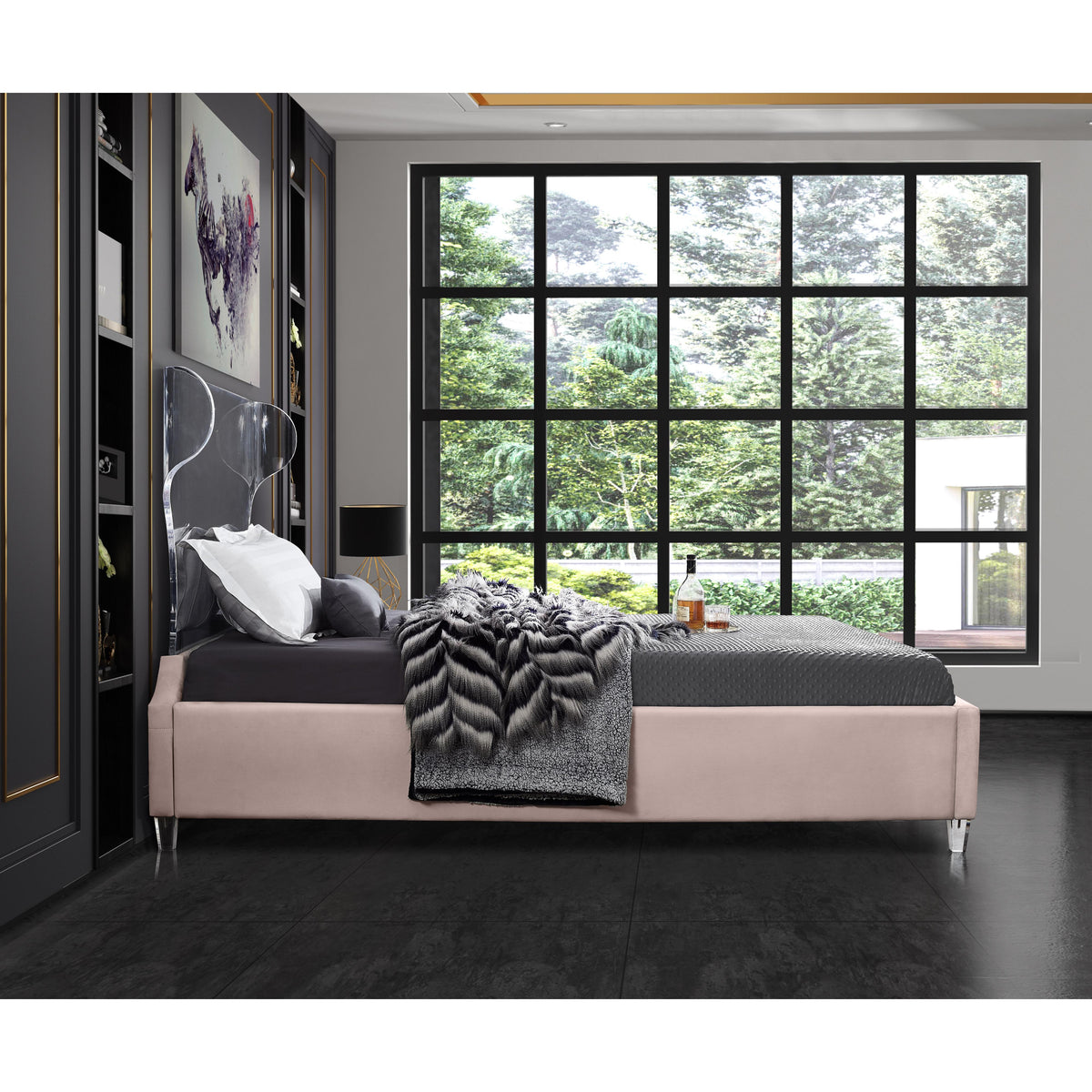 Meridian Ghost Pink Velvet Full Bed