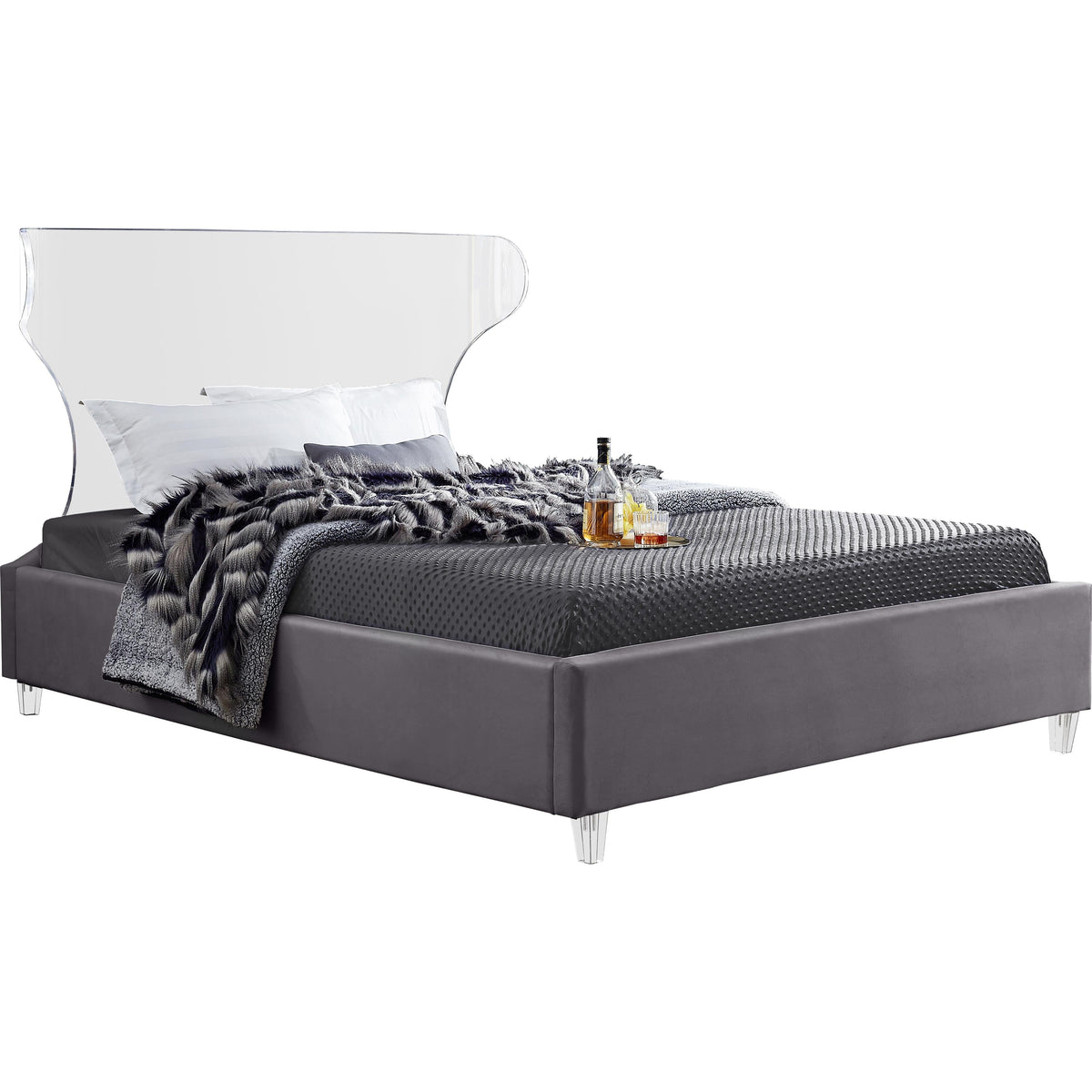 Meridian Ghost Grey Velvet King Bed