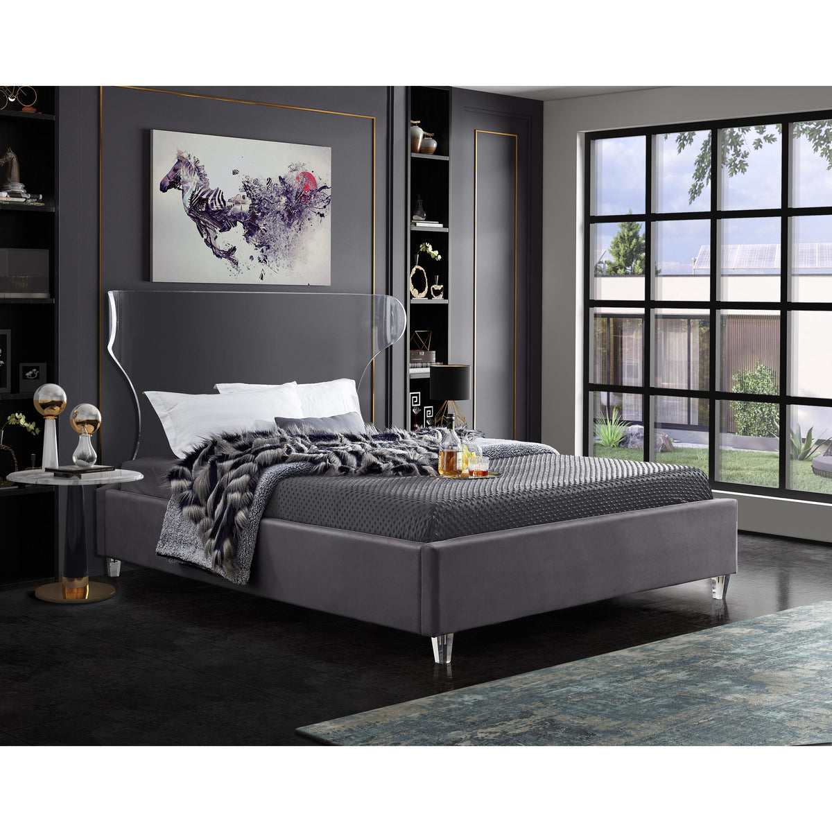 Meridian Ghost Grey Velvet King Bed