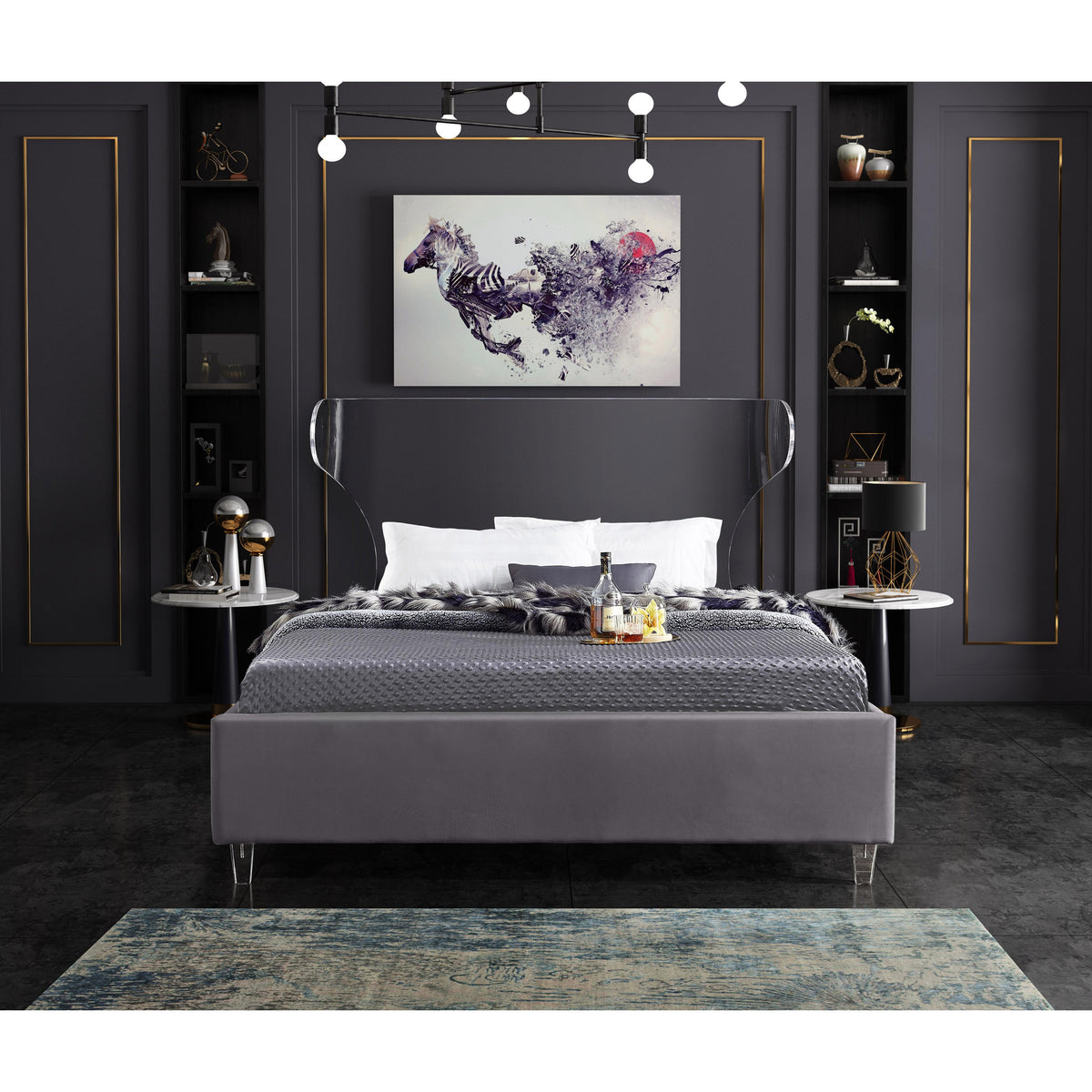 Meridian Ghost Grey Velvet King Bed