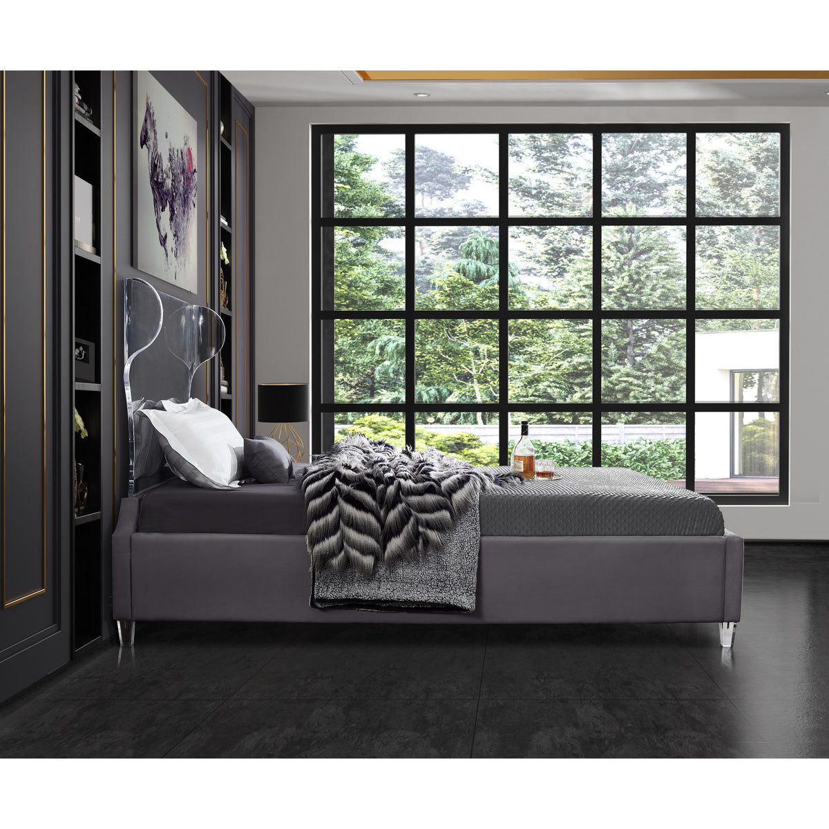 Meridian Ghost Grey Velvet King Bed